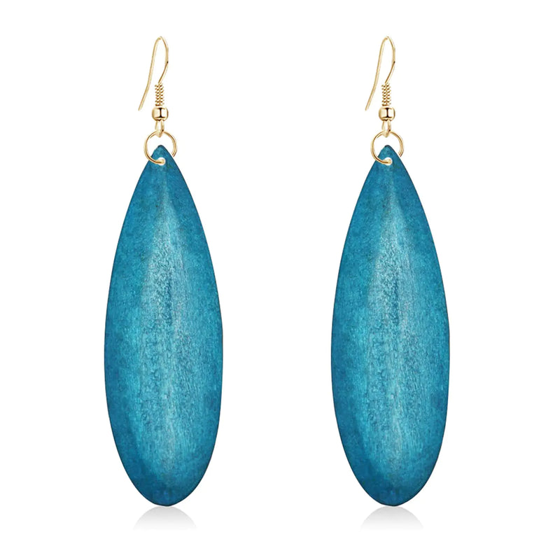 KVANU Bohemian Retro Black Brown Natural Wooden African Teardrop Dangle Drop Earrings Lightweight Handmade Long Big Vintage Wood Geometric Earrings for Women (Blue)