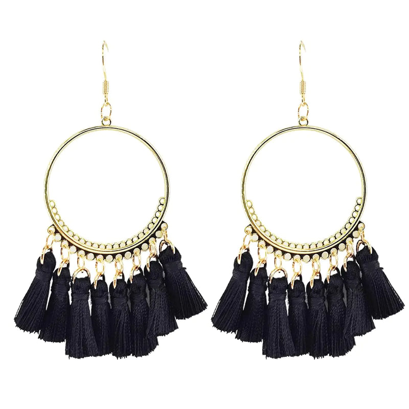 Kaseakia Hoop Tassel Earrings for Women Big Large Handmade Boho Bohemian Tassel Dangle Earrings (Black)