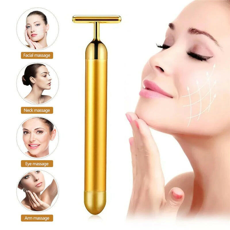 Gold facial roller for rejuvenating skin and enhancing beauty with luxurious skincare tools.