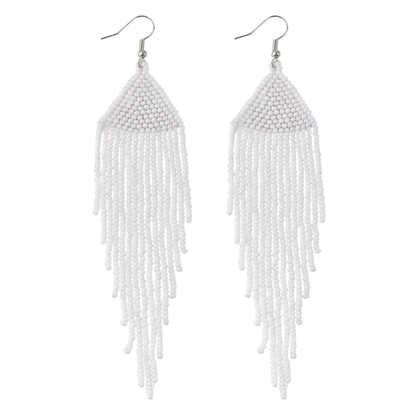 Samiyack Native Long Beaded Earrings – Bohemian Handmade Beaded Tassel Large Statement Dangle Earrings Boho Mexican Tribal Seed Bead Big Fringe Drop Earrings for Women (White)