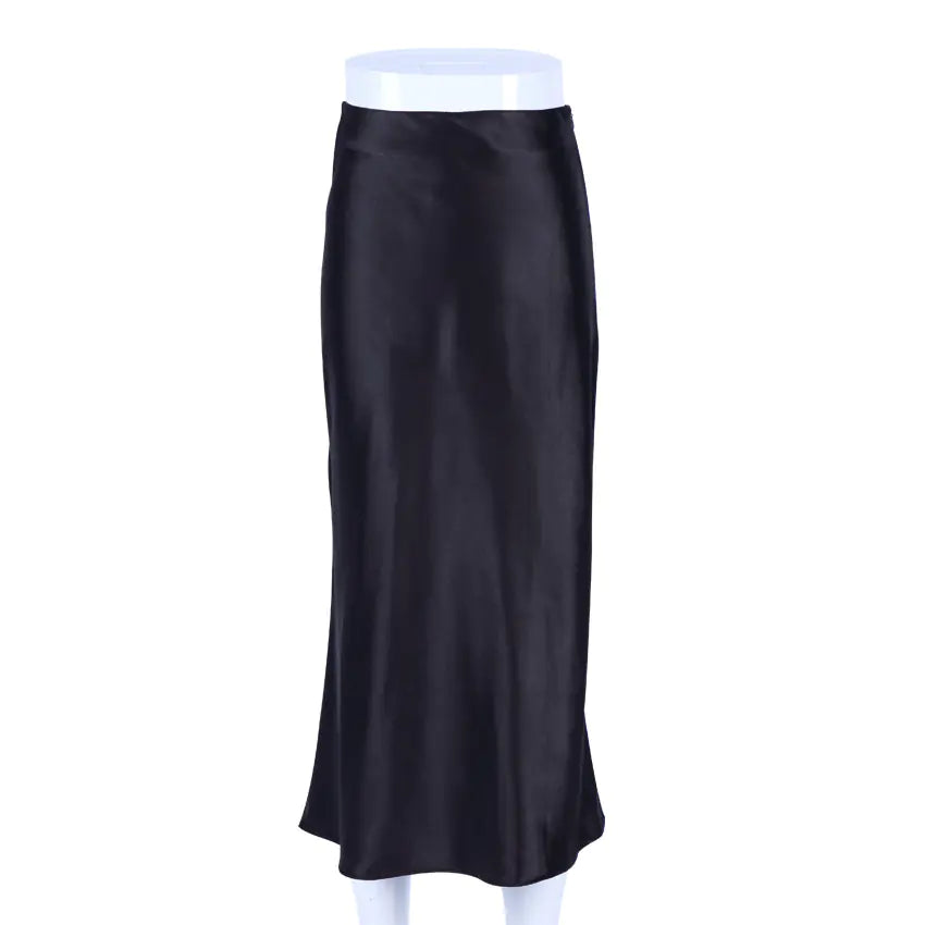 Elegant Satin Mid-Length Skirt/ High-Waist A-Line Skirt